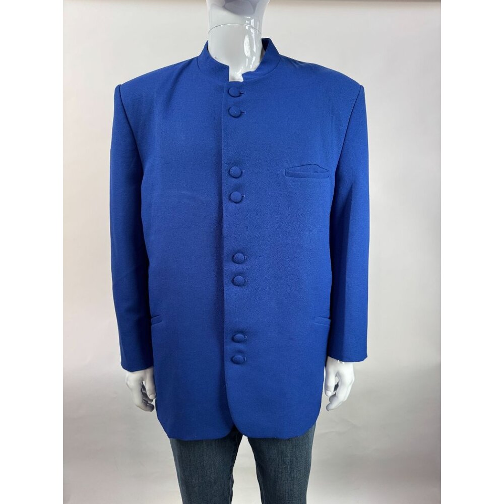Alberto Cellini Mens Blue Mandarin Collar Button-Up Blazer Size 52R 100% Polyest